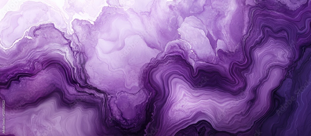 Poster Abstract fluid art in varying shades of purple and lavender with intricate swirls and patterns highlighting depth and texture against a light backdrop.