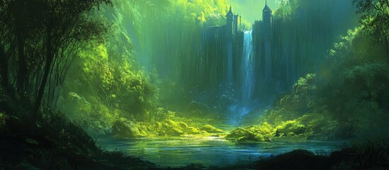 Fototapeta premium Majestic fantasy castle shrouded in vibrant green forest with cascading waterfall and serene blue pool, evoking a magical atmosphere of wonder.