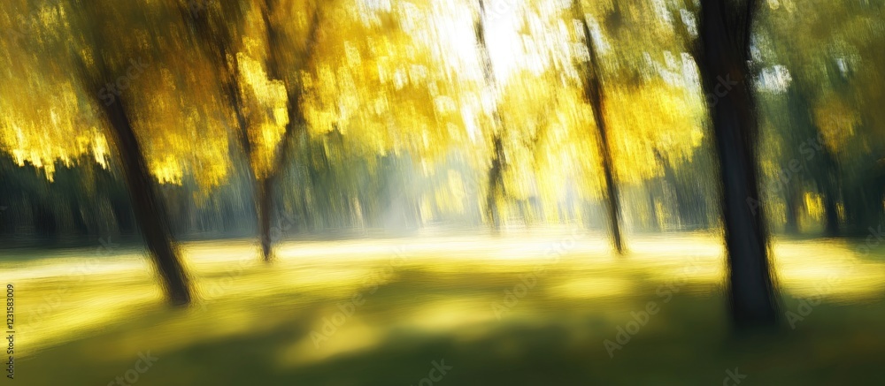 Aufkleber vibrant blurred park scene with bright yellow autumn leaves and soft sunlight filtering through tree