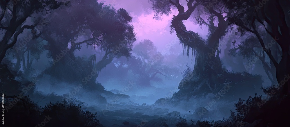 Poster eerie fog envelops a mysterious forest with deep purple and blue hues creating a hauntingly beautifu