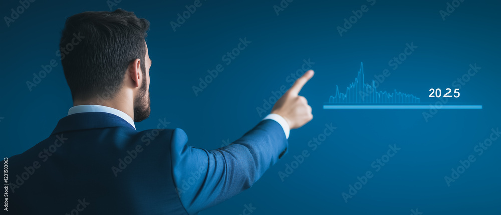 Poster businessman navigating digital landscape: a determined businessman stands before a digital interface