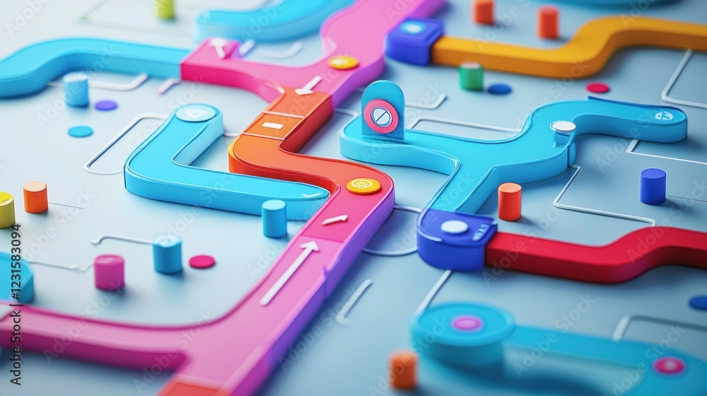 Poster abstract colorful pathways: a 3d digital art representation of complex systems and choices