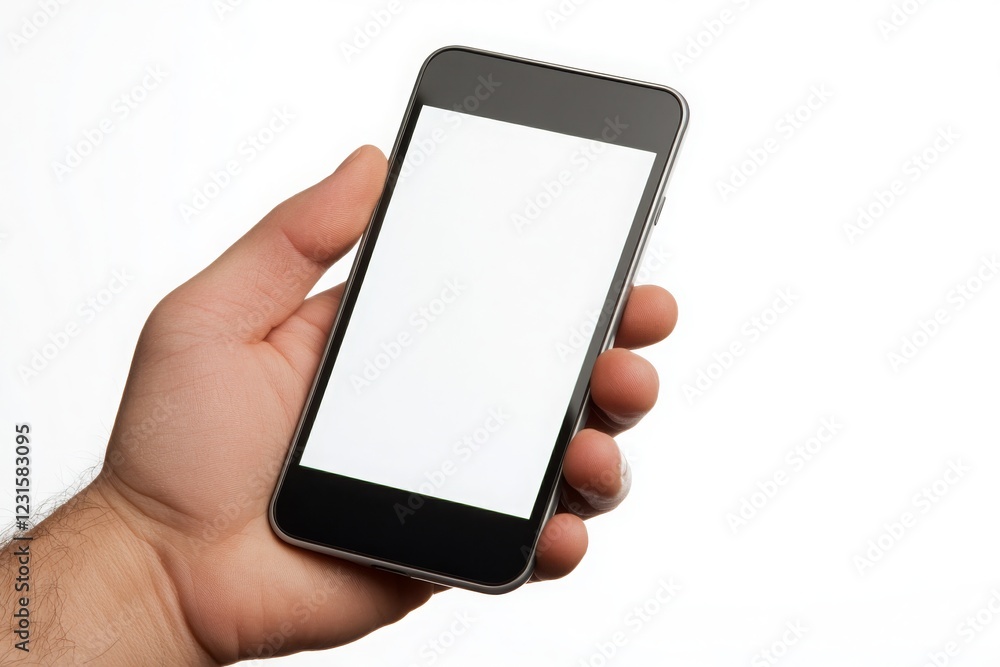 Poster hand holding a black smartphone with blank screen ready for customization or display, isolated on wh