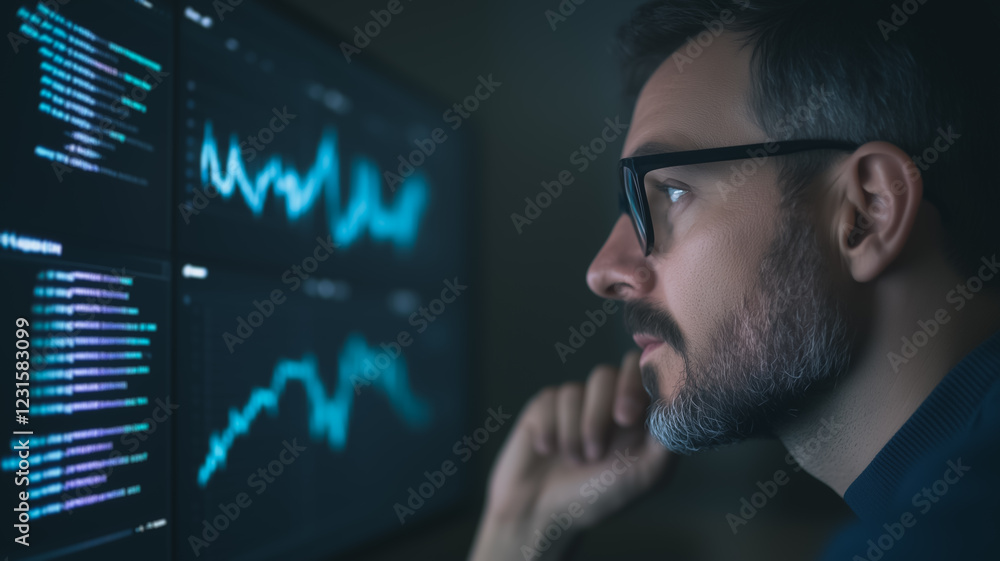 Poster data analyst at night: a focused man with a beard and glasses intently studies data charts and code 