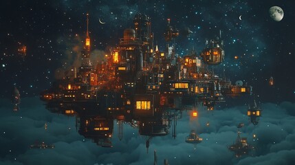 Obraz premium A stunning depiction of a futuristic city floating above clouds, glowing with lights under a starry night sky.