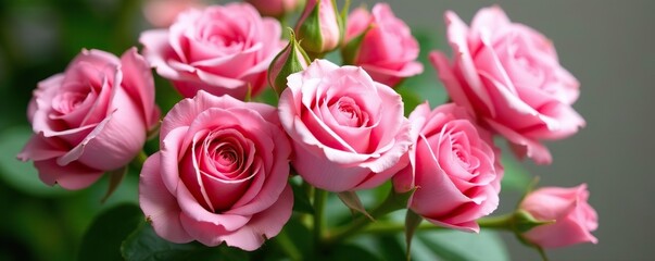 A bunch of fresh pink roses with leafy greens and stems, fresh cut flowers, greenery