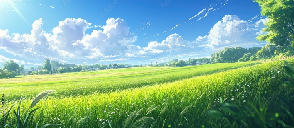 Poster lush green grass field under a bright blue sky with fluffy white clouds creating a serene and vibran