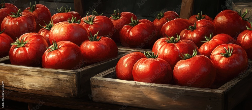 Poster fresh ripe red tomatoes stacked in wooden crates at a market, showcasing vibrant red colors with sun
