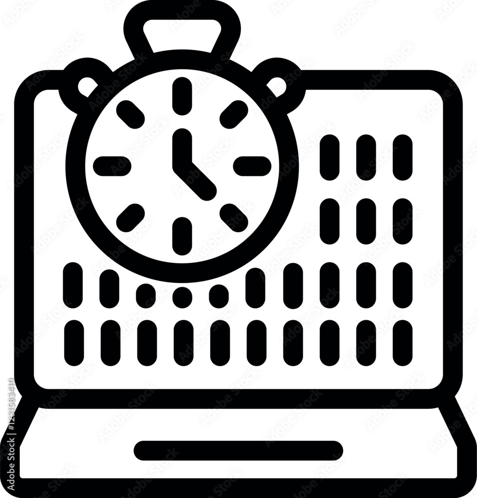 Poster stopwatch is measuring working time on laptop screen displaying spreadsheet