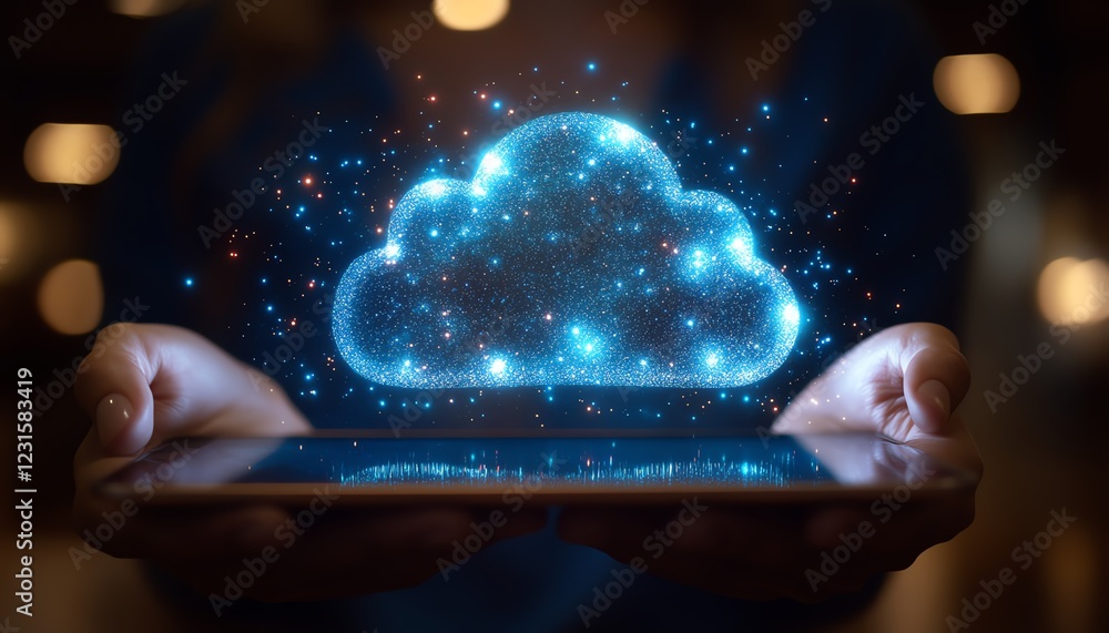 Poster hands gently holding a tablet displaying a luminous cloud symbol, representing cloud storage and dig