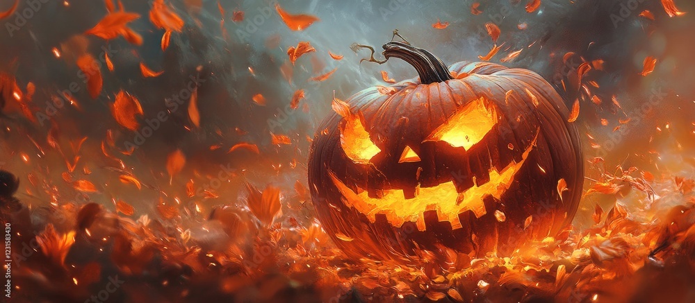 Poster glowing jack-o-lantern with menacing face surrounded by swirling orange and red autumn leaves agains