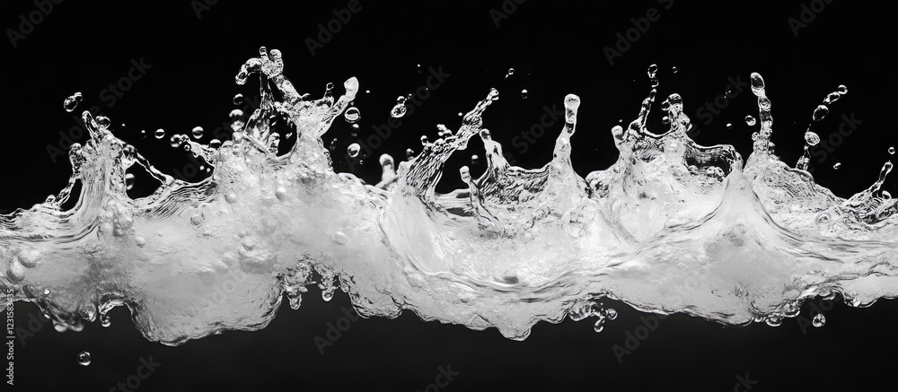 Aufkleber Dynamic water splash with micro droplets against a black background, showcasing intricate details and fluid textures in monochrome elegance.