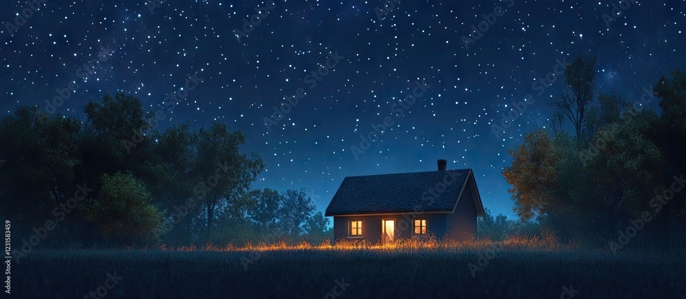 Poster cozy house with glowing windows set against a deep blue night sky filled with vibrant stars surround