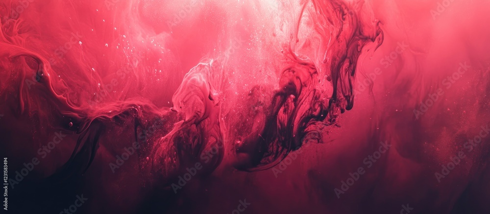 Fototapete abstract red and pink fluid art with swirling patterns, dark edges at the bottom to enhance depth, c