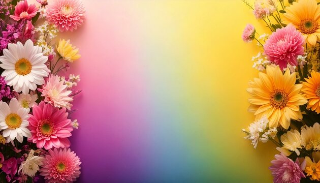Moldura de arranjo floral de arco-&iacute;ris colorido; espa&ccedil;o para c&oacute;pia em fundo de cor gradiente: para banners e miniaturas.