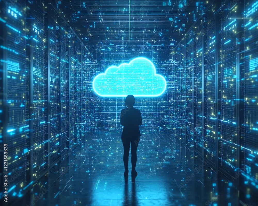 Poster A person in a cuttingedge data center with digital cloud icons and data visuals, representing SaaS and cloud computing evolution, hightech, cinematic scifi style, 4K resolution