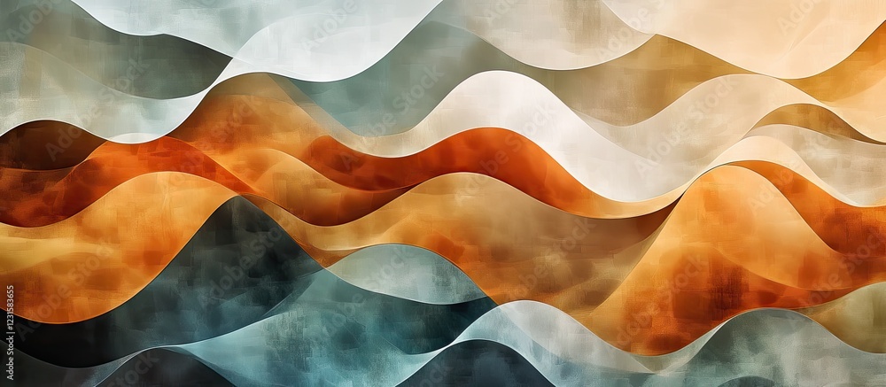 Poster abstract flowing waves in shades of teal, burnt orange, cream, and brown, layered in a fluid design 