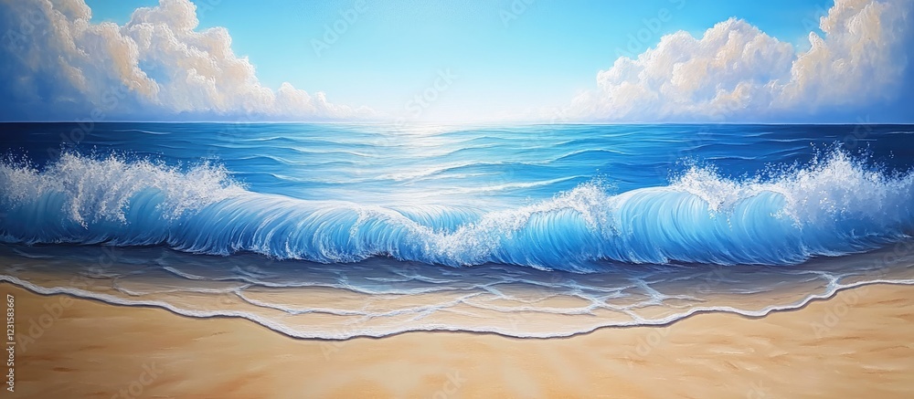 Poster vibrant coastal scene featuring gentle waves in shades of blue with a sandy beach foreground and a c