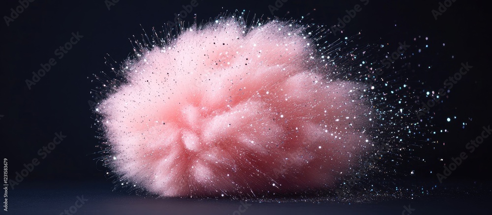 Poster pink fluffy cotton candy explosion with shimmering silver sparkles against a dark background, creati