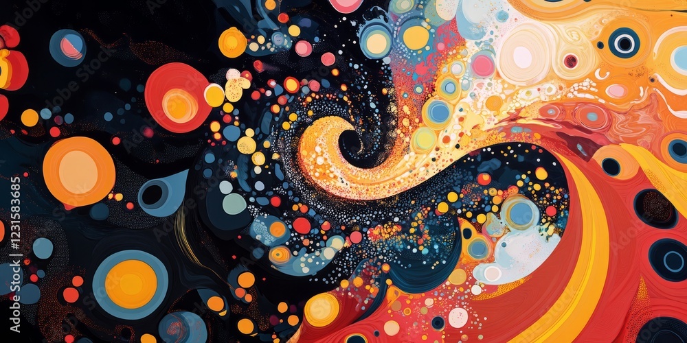 Poster a colorful painting of a spiral with many different colored circles. the circles are of various size