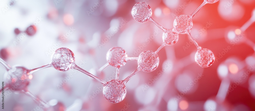 Poster Molecular structure with interconnected pink and red spheres on a soft gradient background featuring blurred elements creating a scientific atmosphere