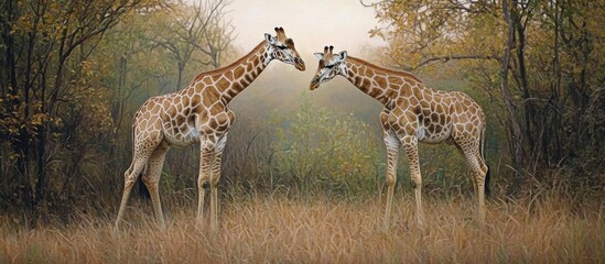 Fototapeta premium Giraffes grazing in a wild landscape, displaying intricate patterns with warm browns and greens, positioned symmetrically in golden grass.