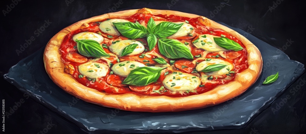 Poster fresh margherita pizza topped with basil and mozzarella cheese on a black stone backdrop highlightin