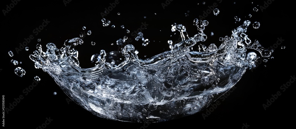 Poster elegant splash of crystal clear water against a black background with dynamic droplets captured mid-