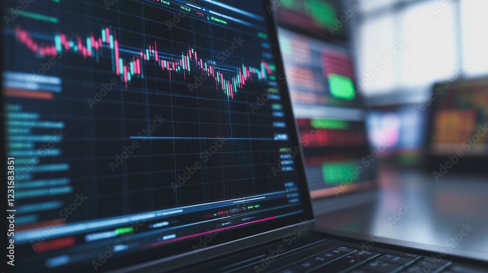 Poster stock market data on laptop: a close-up shot of a laptop screen displaying dynamic stock market data