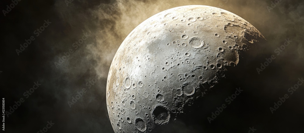 Poster close-up of a textured moon against a dark, smoky background highlighting intricate craters and glow