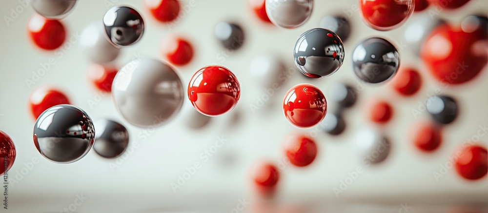 Poster red and grey spheres in various sizes levitate against a soft beige background creating a dynamic an