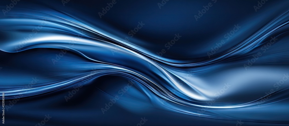Poster smooth flowing blue waves with metallic sheen, featuring deep navy shades contrasted by bright silve