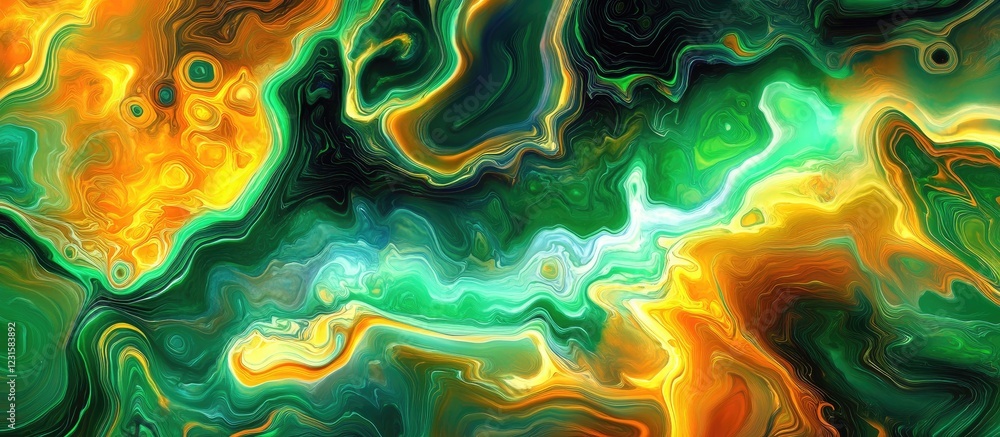 Poster dynamic abstract fluid ink art featuring vibrant green, orange, and turquoise swirls creating a capt