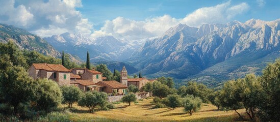 Fototapeta premium Idyllic village landscape in a green basin surrounded by towering mountains under a bright blue sky with fluffy white clouds and lush olive trees.