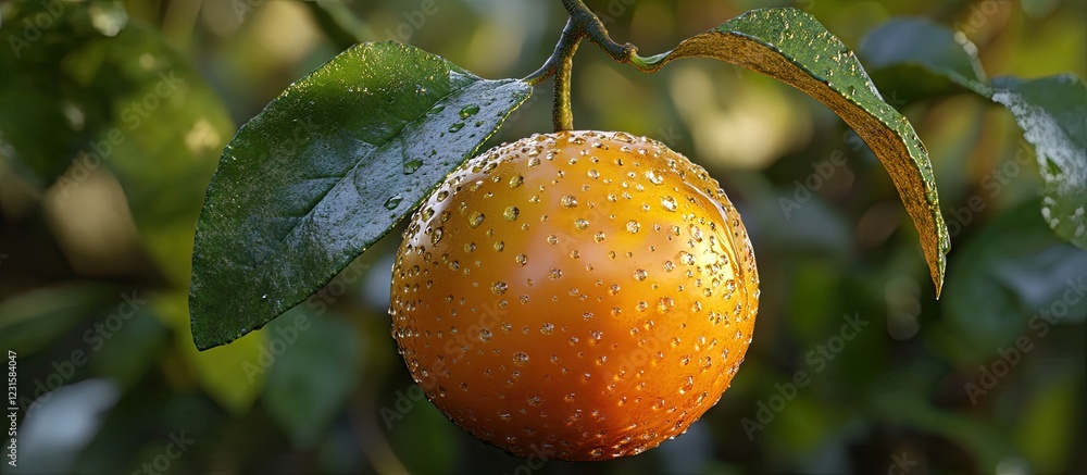 Poster realistic close-up of an orange fruit with water droplets on a vibrant green leaf background showcas