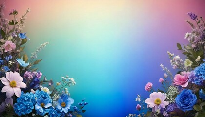 Fototapeta premium Frame with blue main flower arrangement; copy space on gradient background: for banner, thumbnail