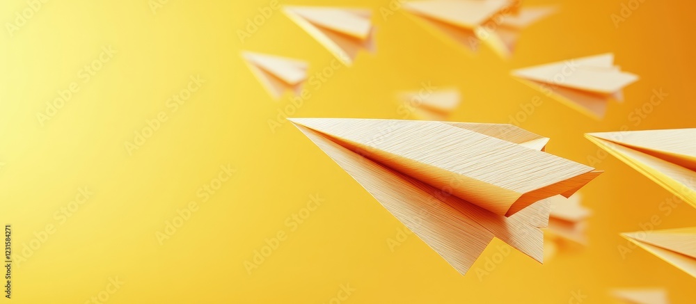 Aufkleber 3d wooden paper planes flying forward with a vibrant yellow background and ample copy space highligh