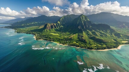 Conceptual aerial view of the Kualoa area of ​​Oahu, Hawaii.