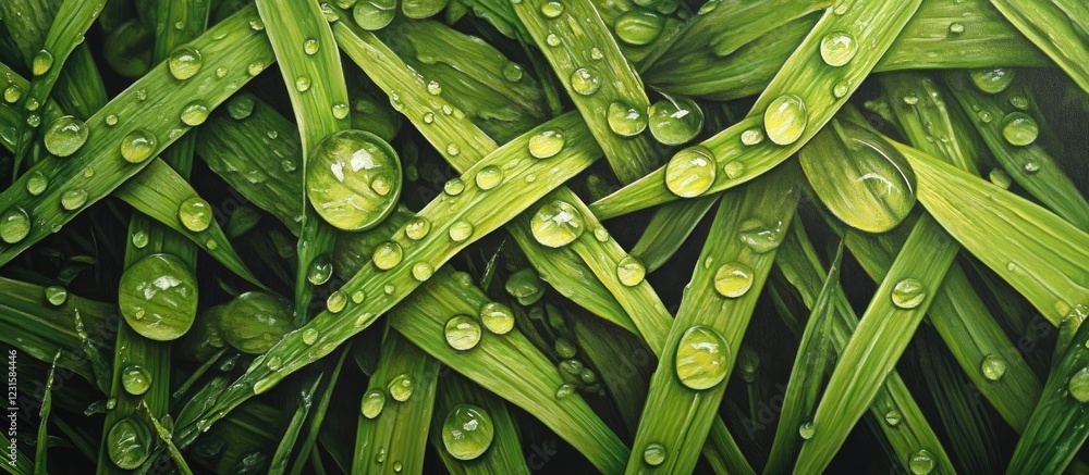 Poster close-up image of vibrant green grass with numerous dew drops in varying sizes, showcasing freshness