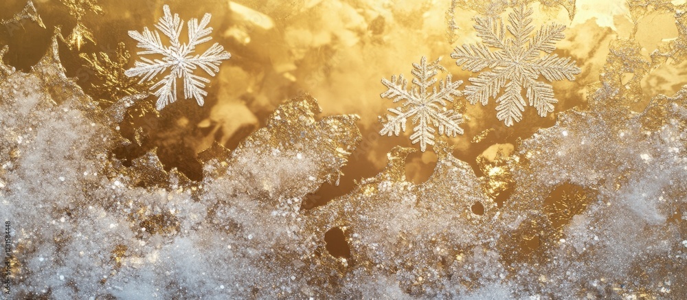 Aufkleber abstract golden sparkle texture with intricate white snowflakes, shimmering effects scattered throug
