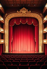 Empty theater stage with red velvet curtains
