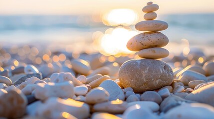 Balancing rocks on pebble beach during sunset