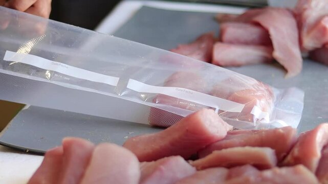 Close up of hands packing fresh fish on Cedros Island, efficient handling and attention to detail as they load filets into vacuum sealed bags after drying pieces