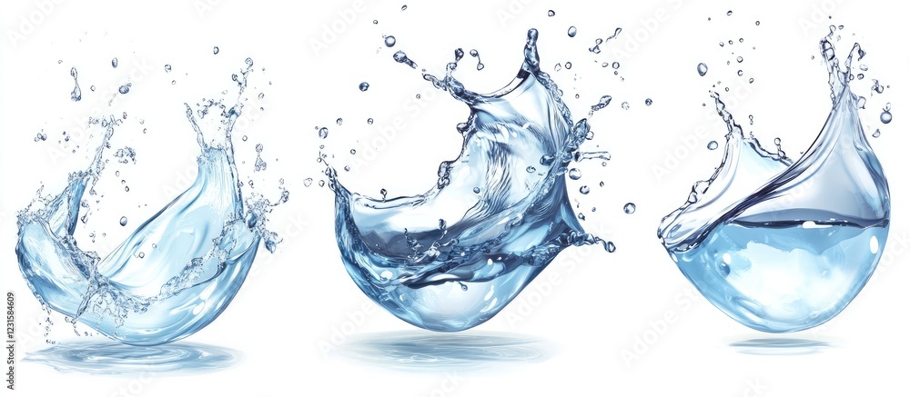 Poster liquid water splash collection featuring three distinct blue splashes on a white background highligh