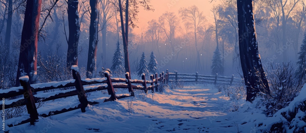 Aufkleber serene wintry forest at dusk with snow-covered fences and soft purple blue tones creating a vintage 