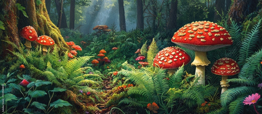Poster vivid forest scene featuring red mushrooms with white spots on a detailed forest floor illuminated b