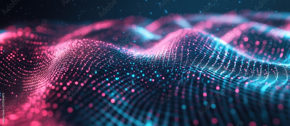 Poster abstract digital waves with vibrant pink and cyan dots flowing across a dark gradient background, cr