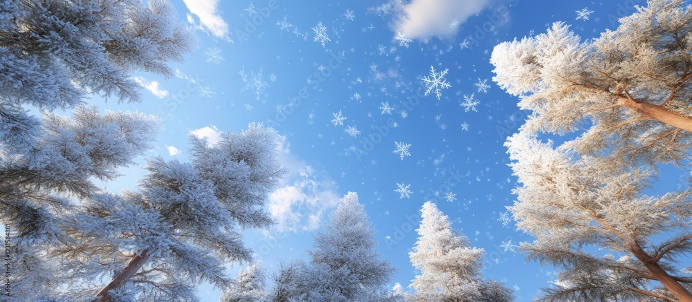 Aufkleber winter wonderland scene featuring snow-covered pine trees under a bright blue sky with fluffy clouds
