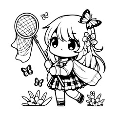 girl with butterflies illustration for coloring books