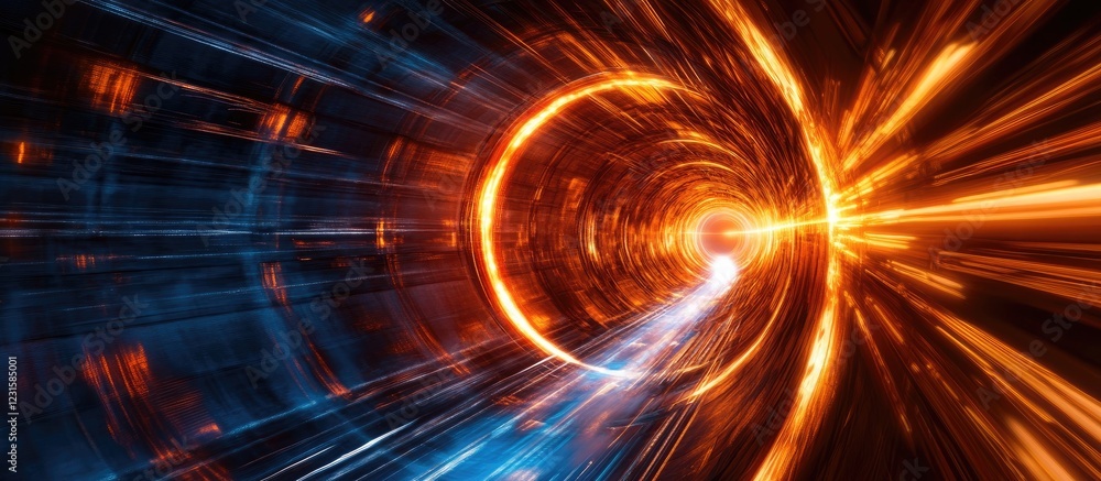 Poster vibrant tunnel of light emanating orange and blue hues with dynamic beams creating a captivating und